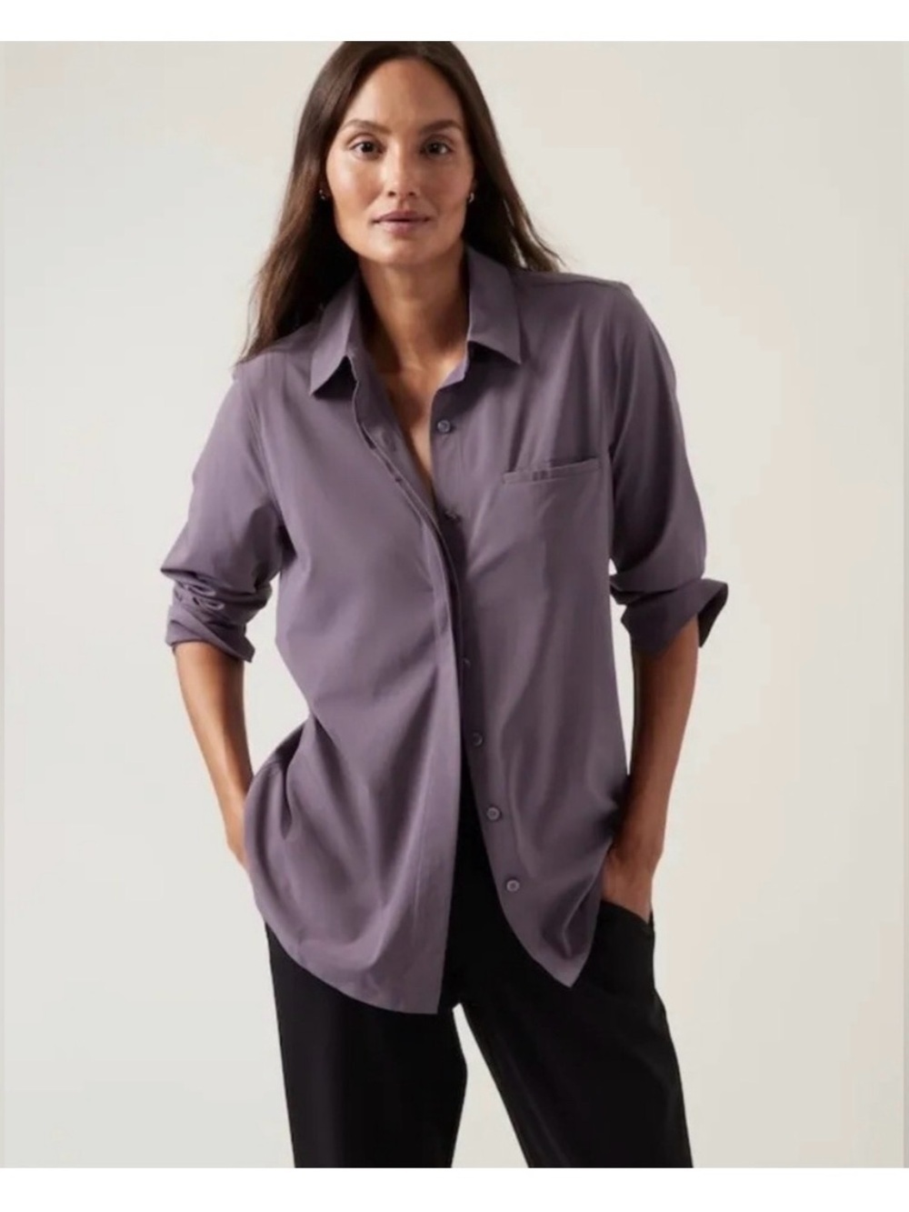 Athleta Purple A Frame Poplin Button Down Top Travel Minimalist Euro Summer S